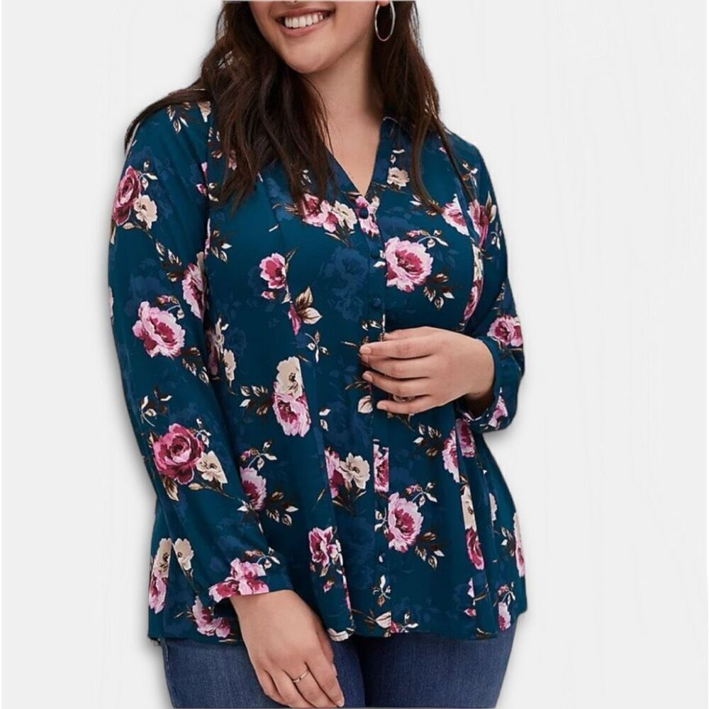 Torrid Harper Teal Floral Long Sleeve Tie Back Blouse Sz OX 1X XXL